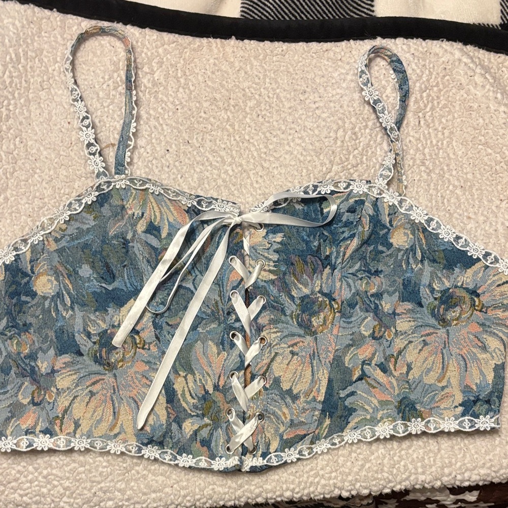 SHEIN Blue Floral Lace-Up Camisole